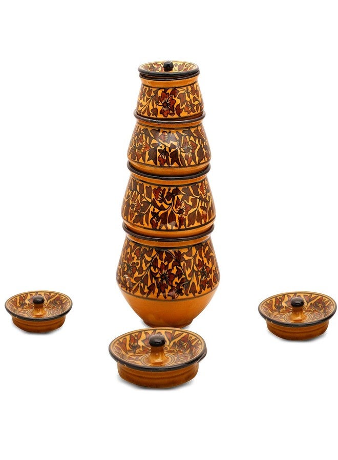 كافيين طقم أواني تقديم سيراميك مصنوعة يدويًا من الحجر، لون بني، مكون من 4 قطع، بنقشة الكافيين. - Image 1